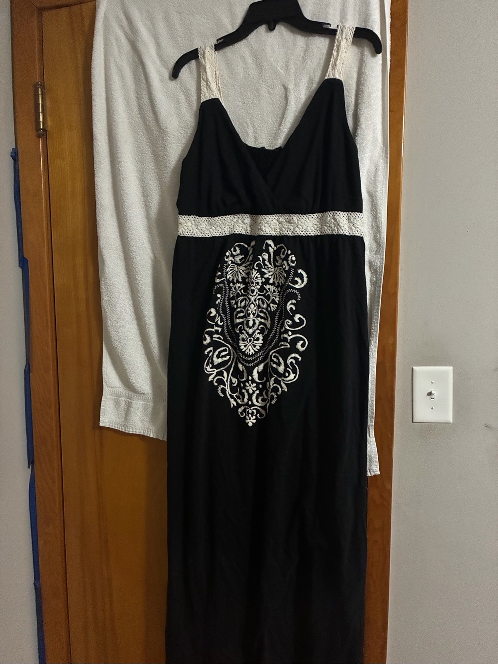 Black Maxi Dress with White Embroidered Medallion and Lace Trim